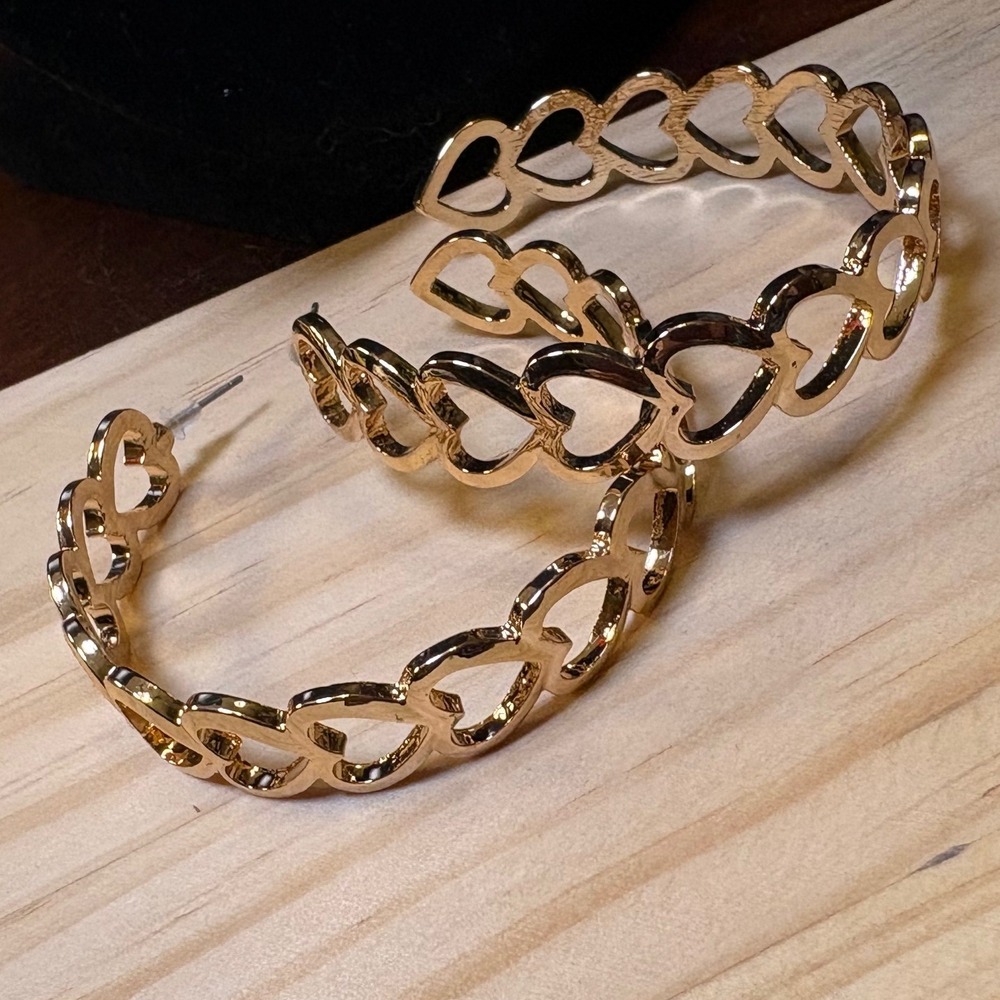 Heart Gold Tone Open Heart Chain Hoops Earrings Women Romantic Whimsical